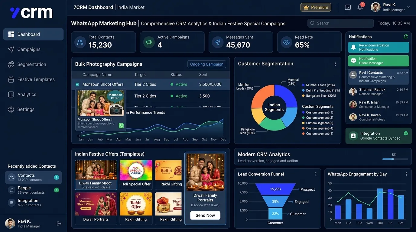 7CRM Indian marketing dashboard for photography offers and WhatsApp campaigns