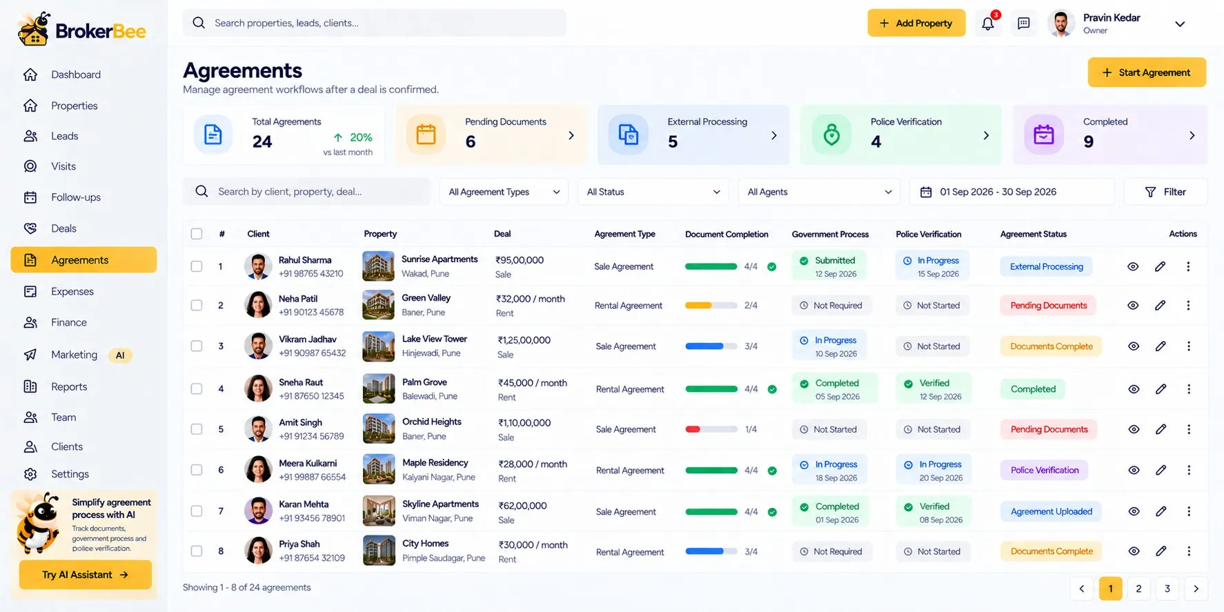 BrokerBee agreements dashboard with document checklist status