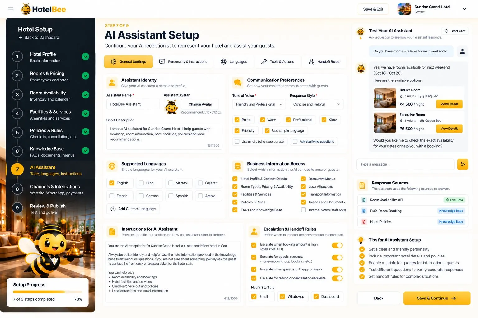 HotelBee AI assistant setup with escalation and handoff rules