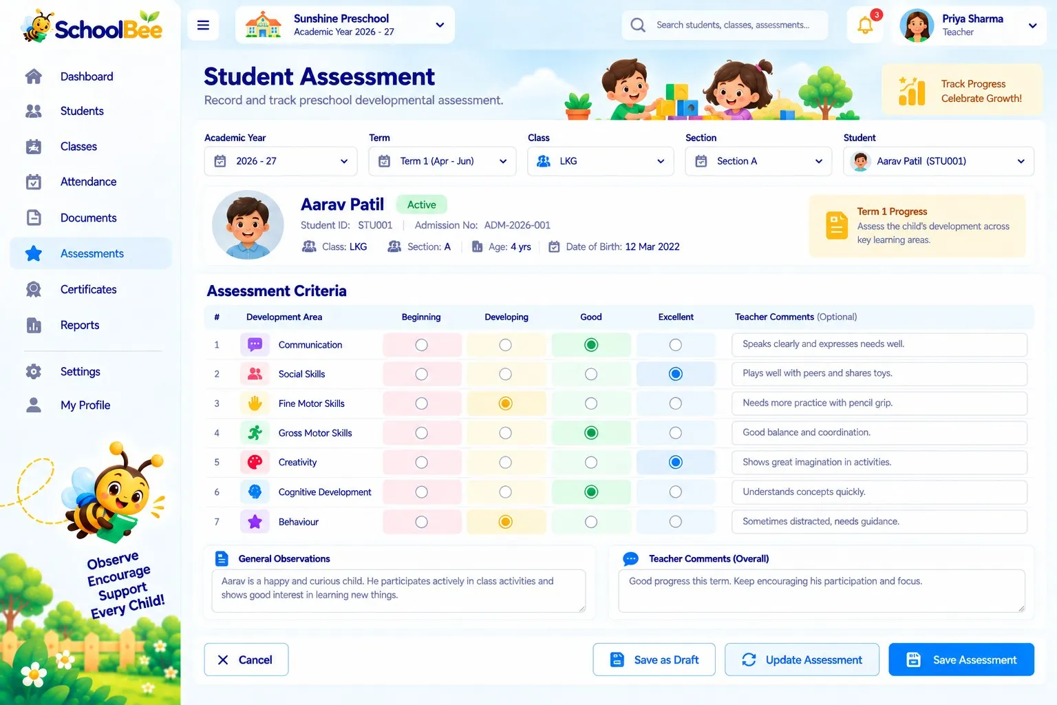 SchoolBee preschool development assessment across communication, social and motor skills