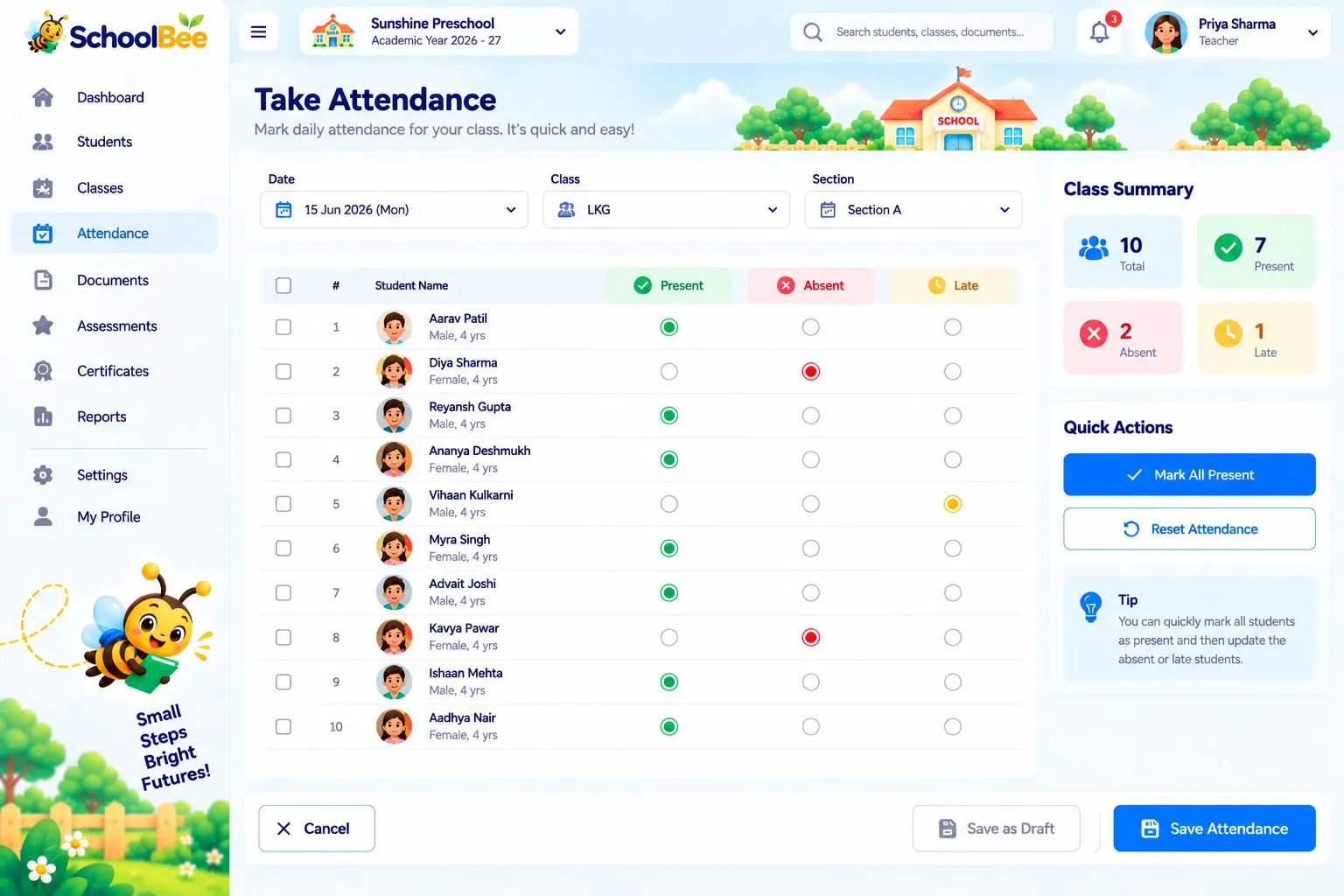 SchoolBee daily attendance screen with present and absent counts