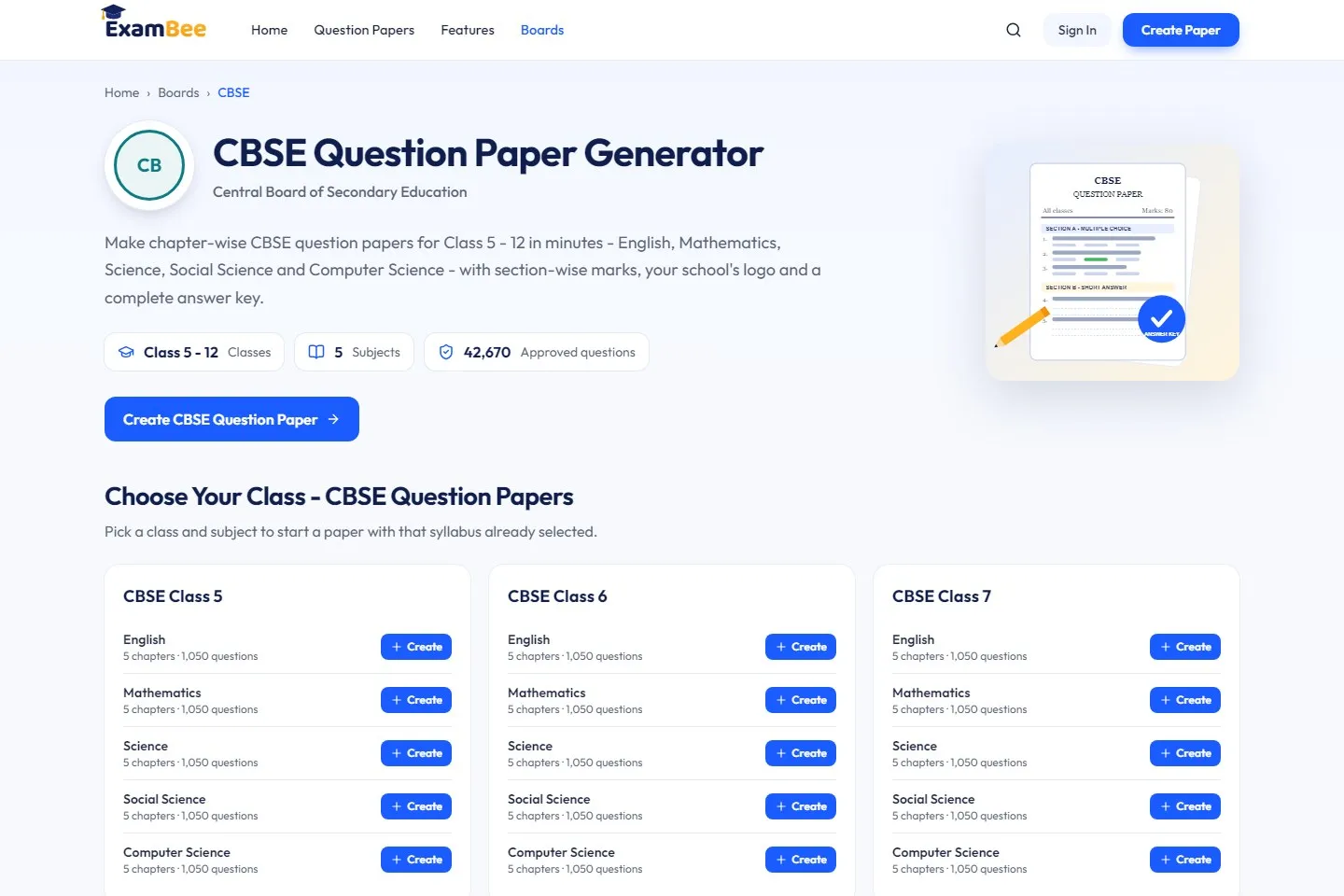 ExamBee CBSE question paper generator page with classes and subjects