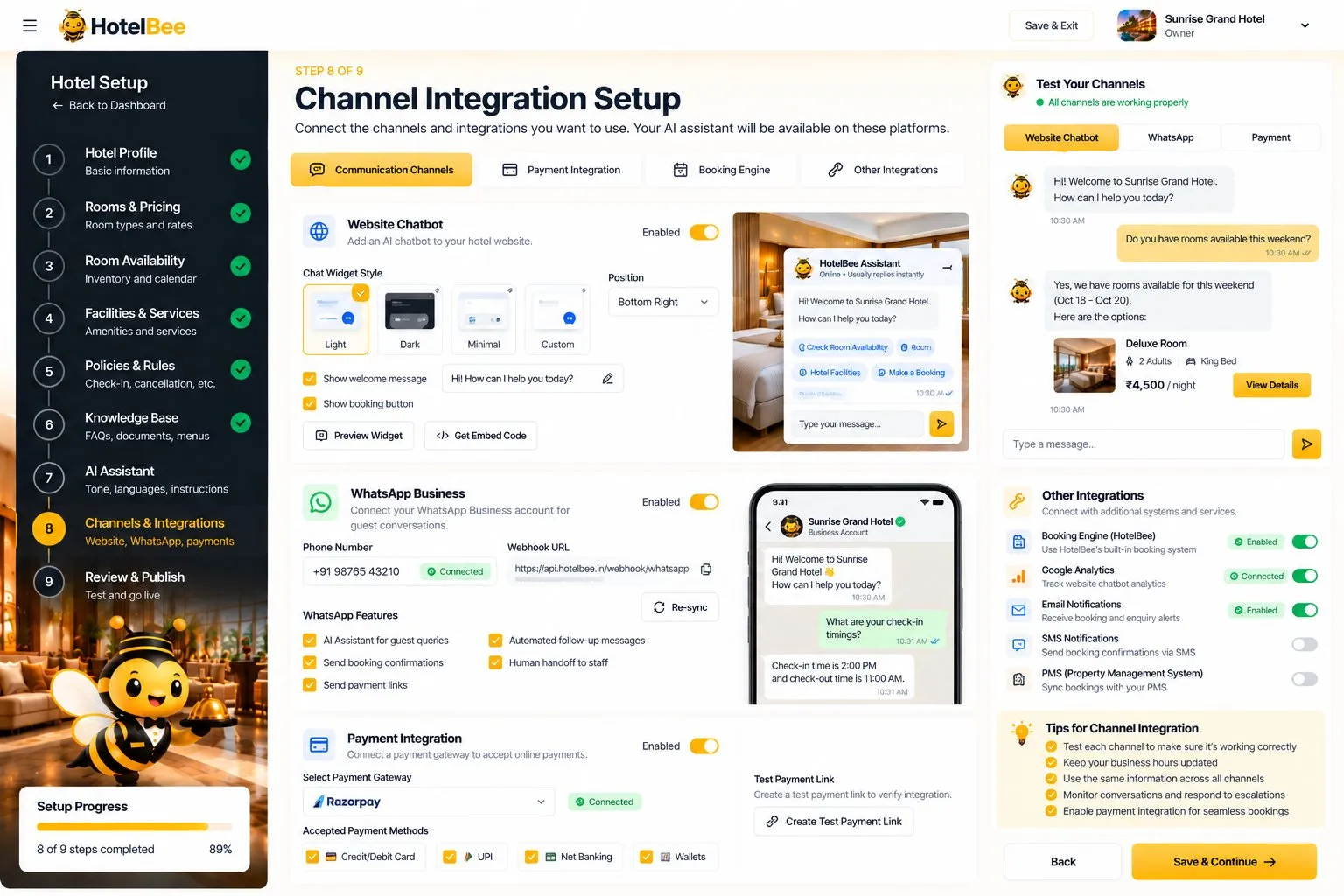 HotelBee channels setup: website chat, WhatsApp Business and payment integration