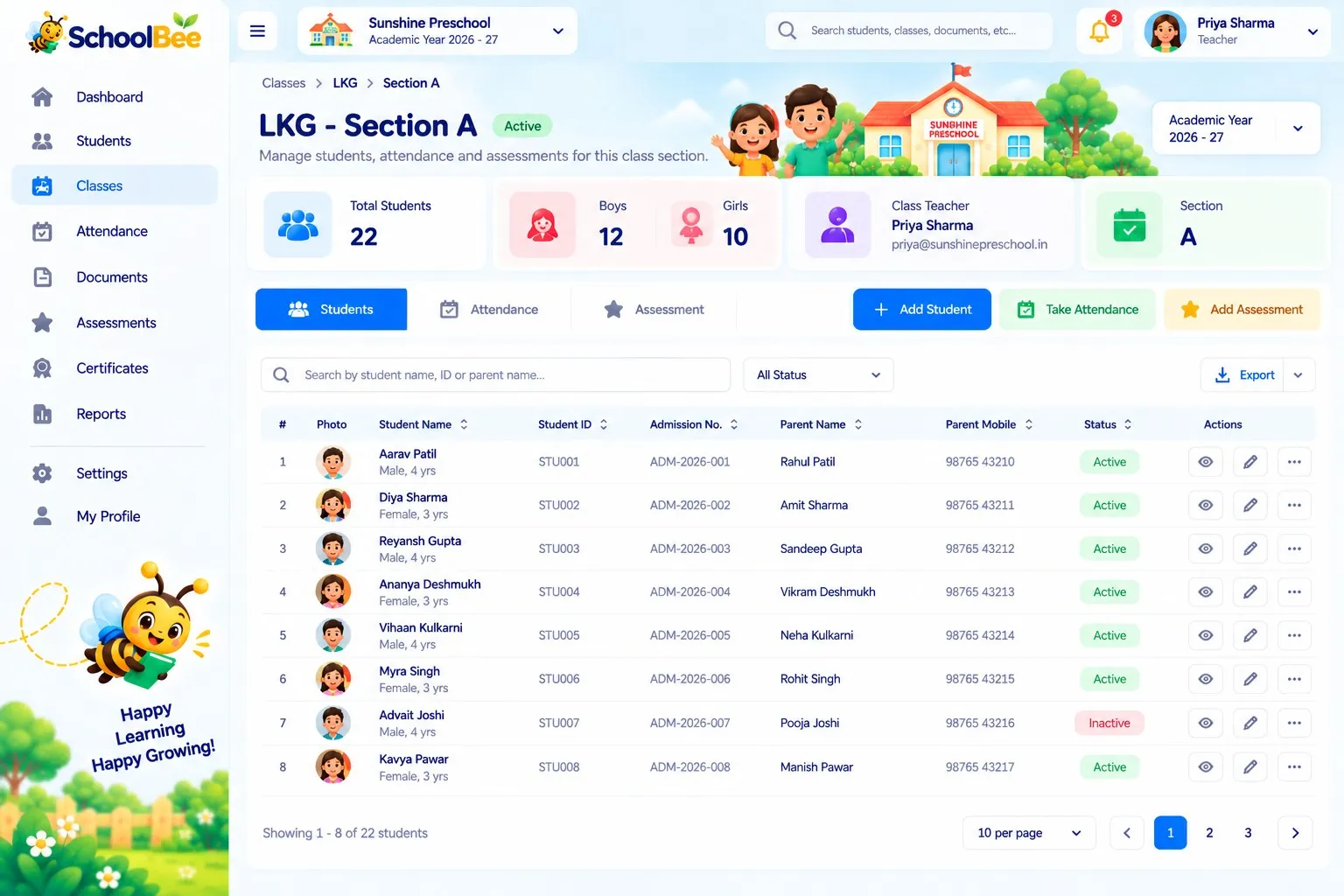 SchoolBee class details page showing students in a section