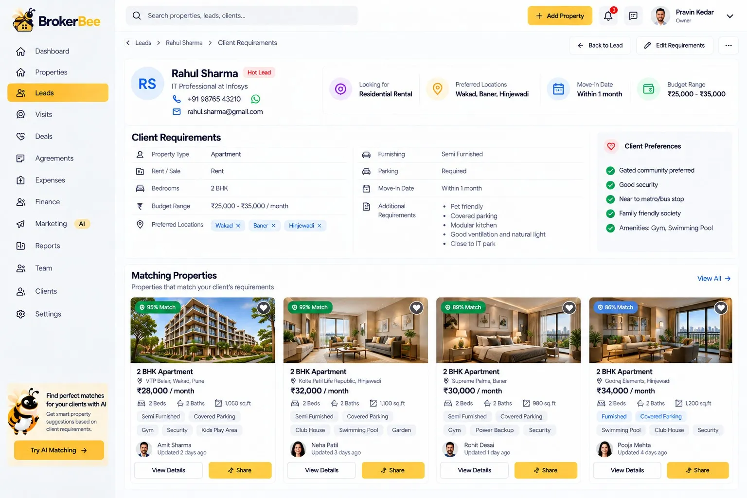 BrokerBee client requirements with budget, locations and matching properties