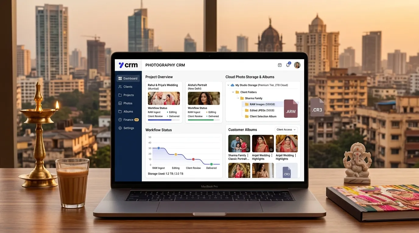 Cloud storage view connected to photography business management workflow