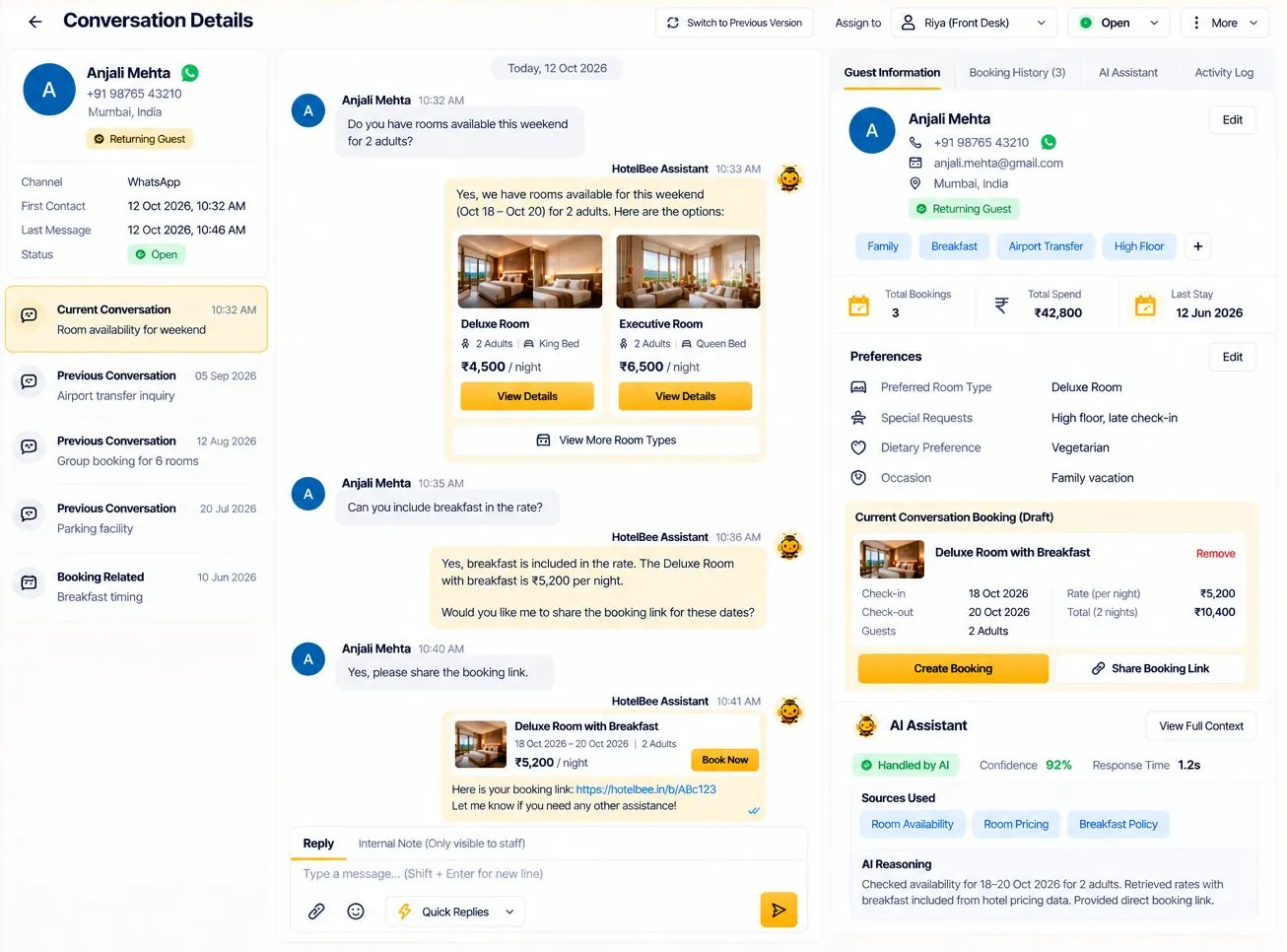 HotelBee conversation details with guest information and booking history
