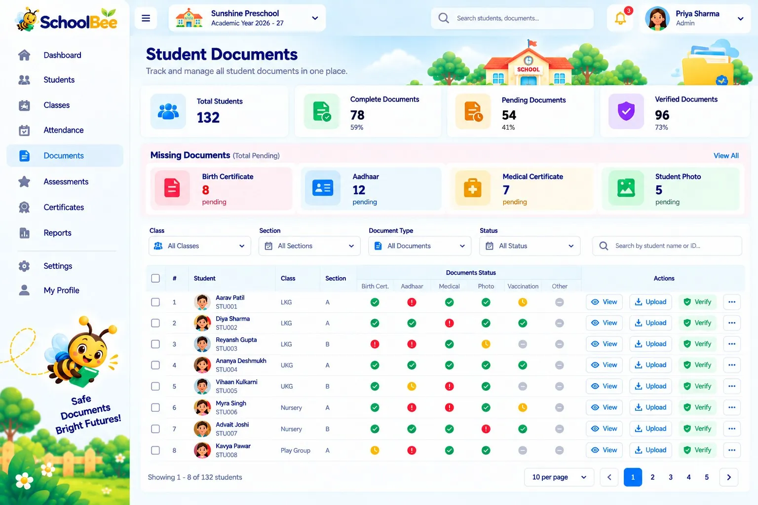 SchoolBee dashboard with document and student summaries