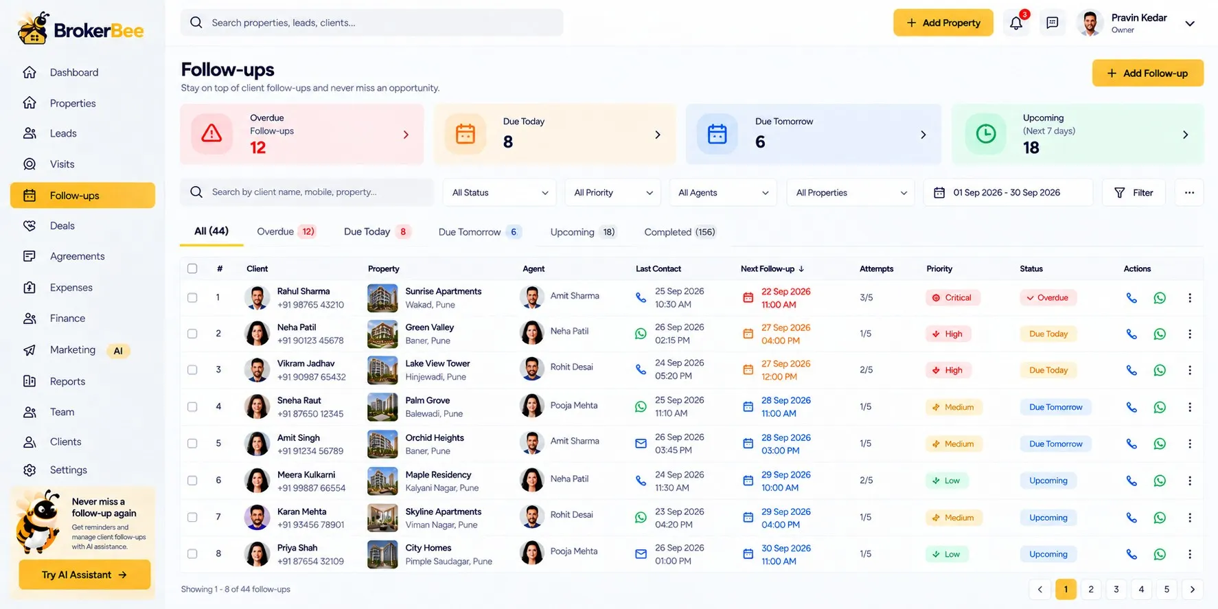 BrokerBee follow-ups dashboard with due today and overdue reminders