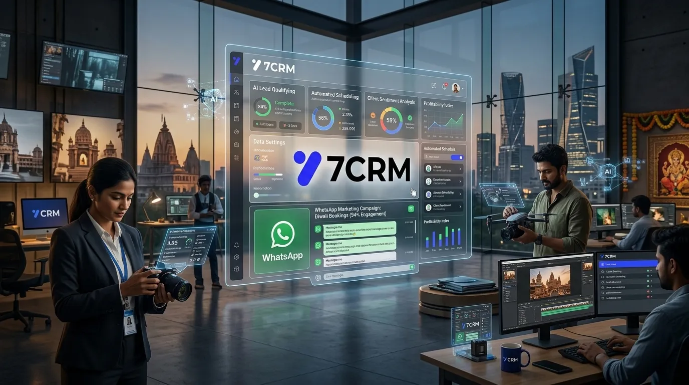 Futuristic Indian photography business ecosystem powered by 7CRM AI automation