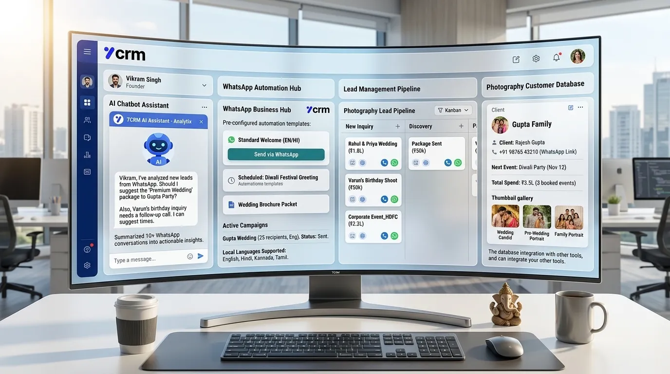 Futuristic Indian SaaS CRM interface branded for photography business growth