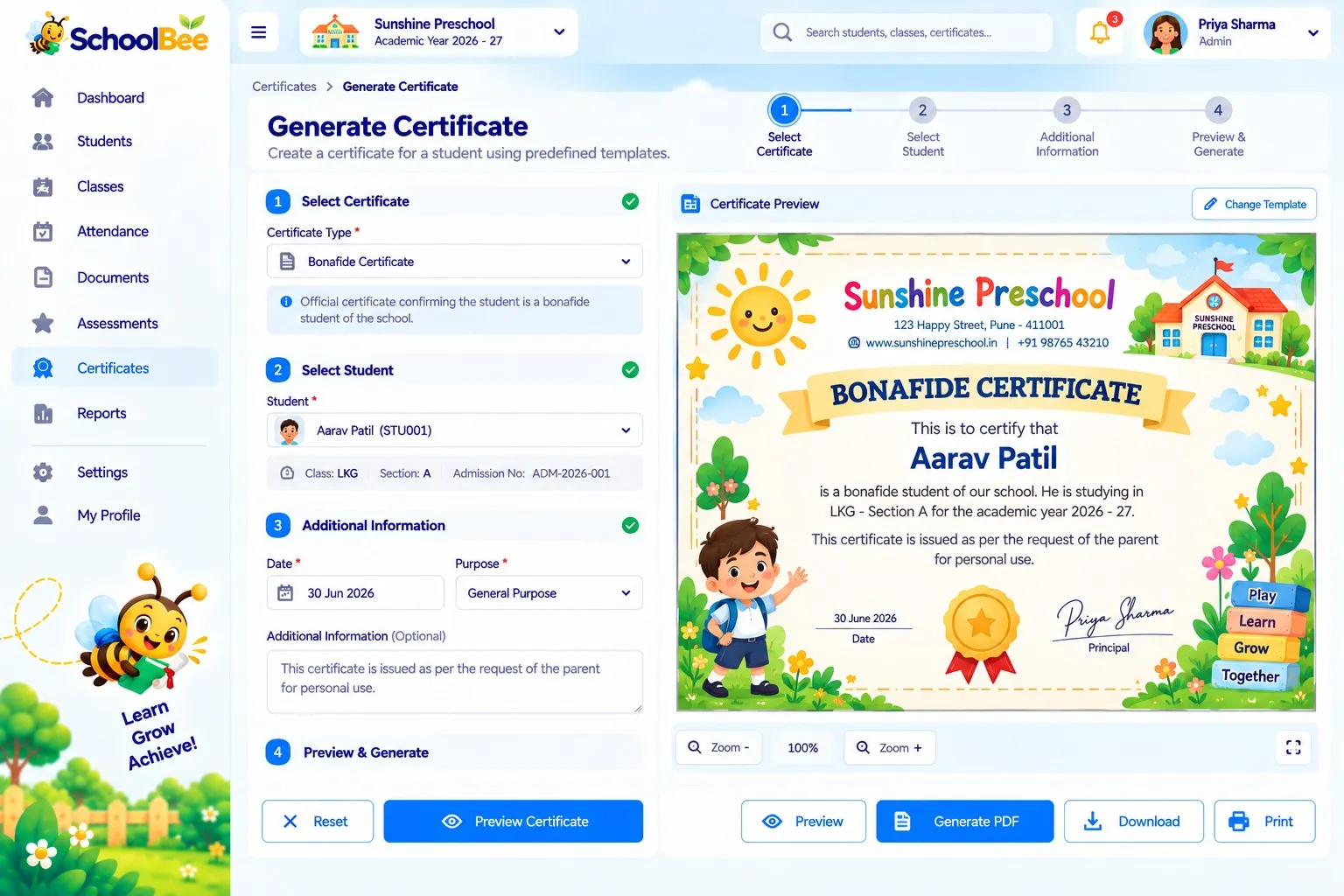 SchoolBee certificate generation with student selection and preview