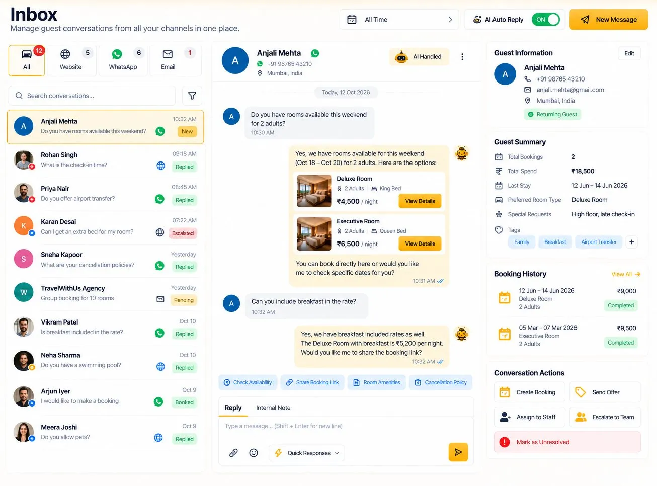 HotelBee inbox with WhatsApp conversations