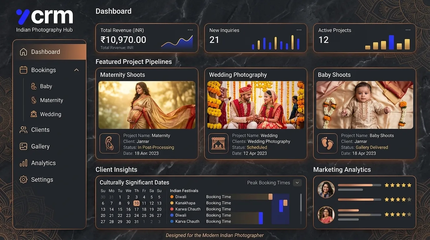 Indian photography business dashboard branded as 7CRM for customer and booking management