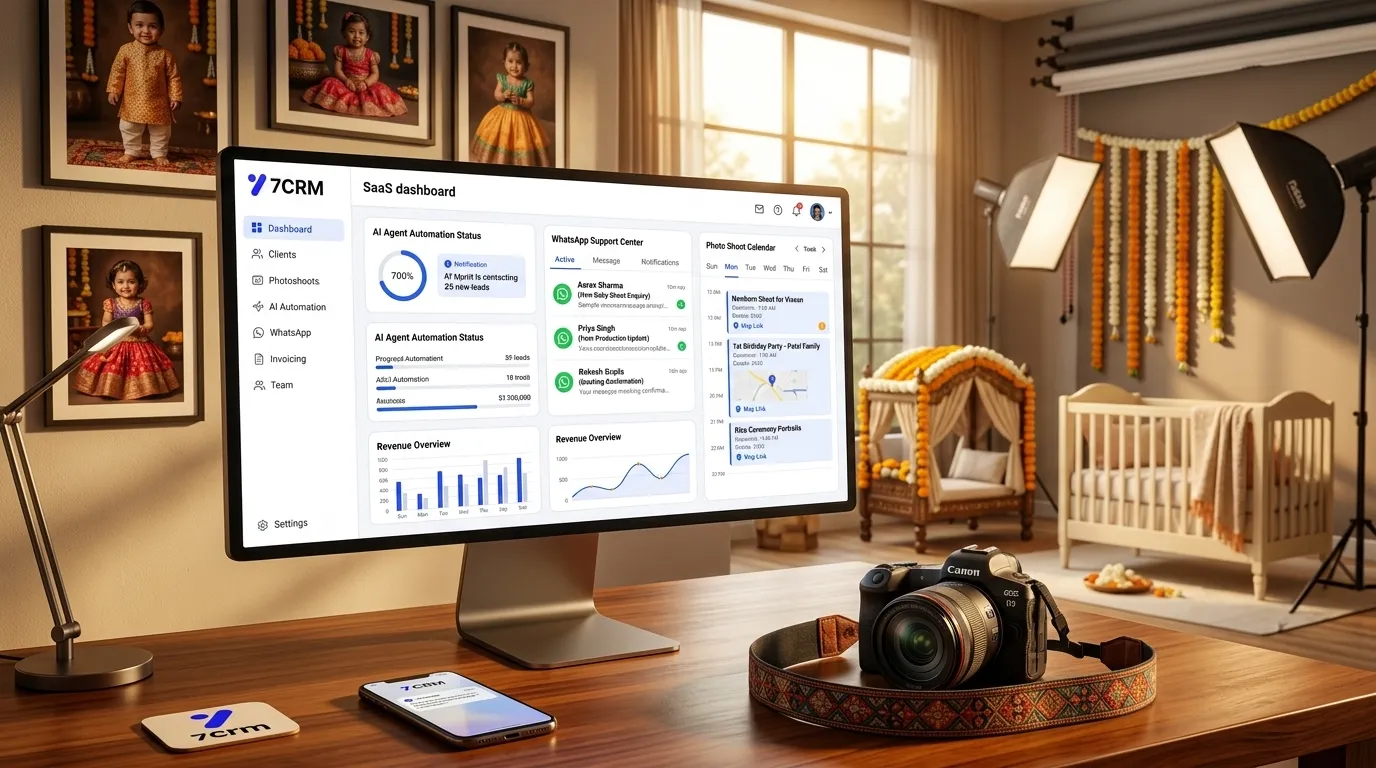 Indian photography CRM dashboard branded as 7CRM with AI support and lead workflow