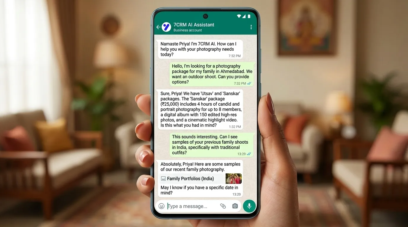 Indian WhatsApp AI conversation for photography business branded as 7CRM