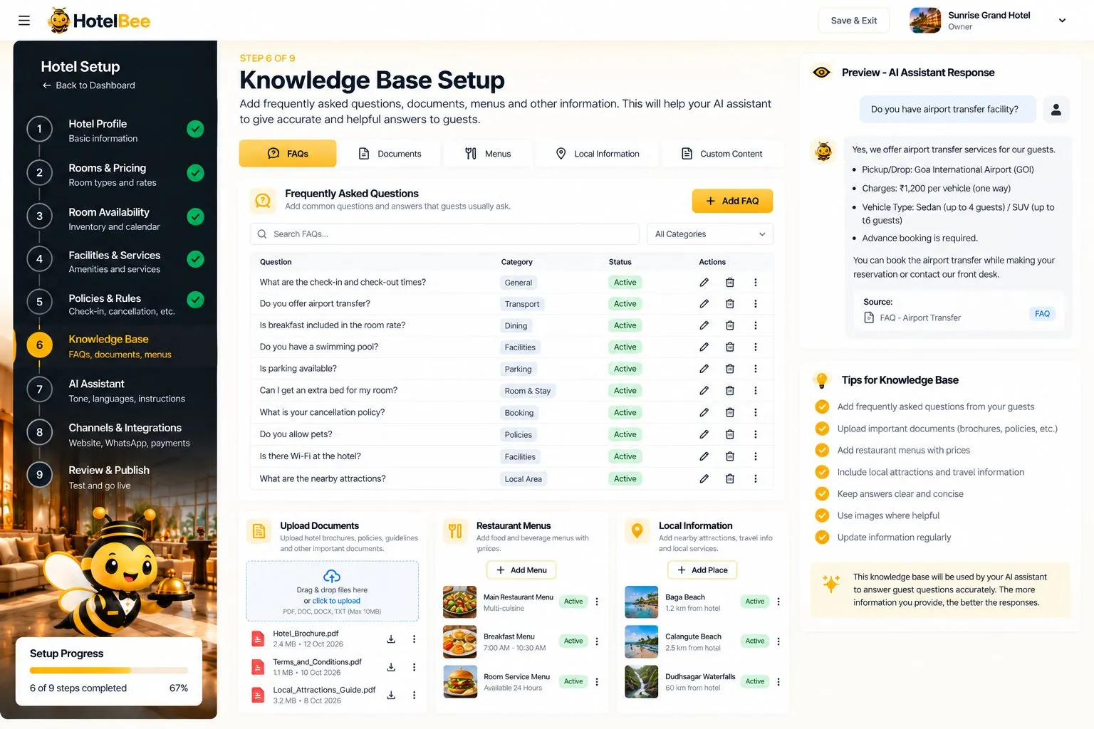 HotelBee knowledge base setup with FAQs, documents, menus and local information