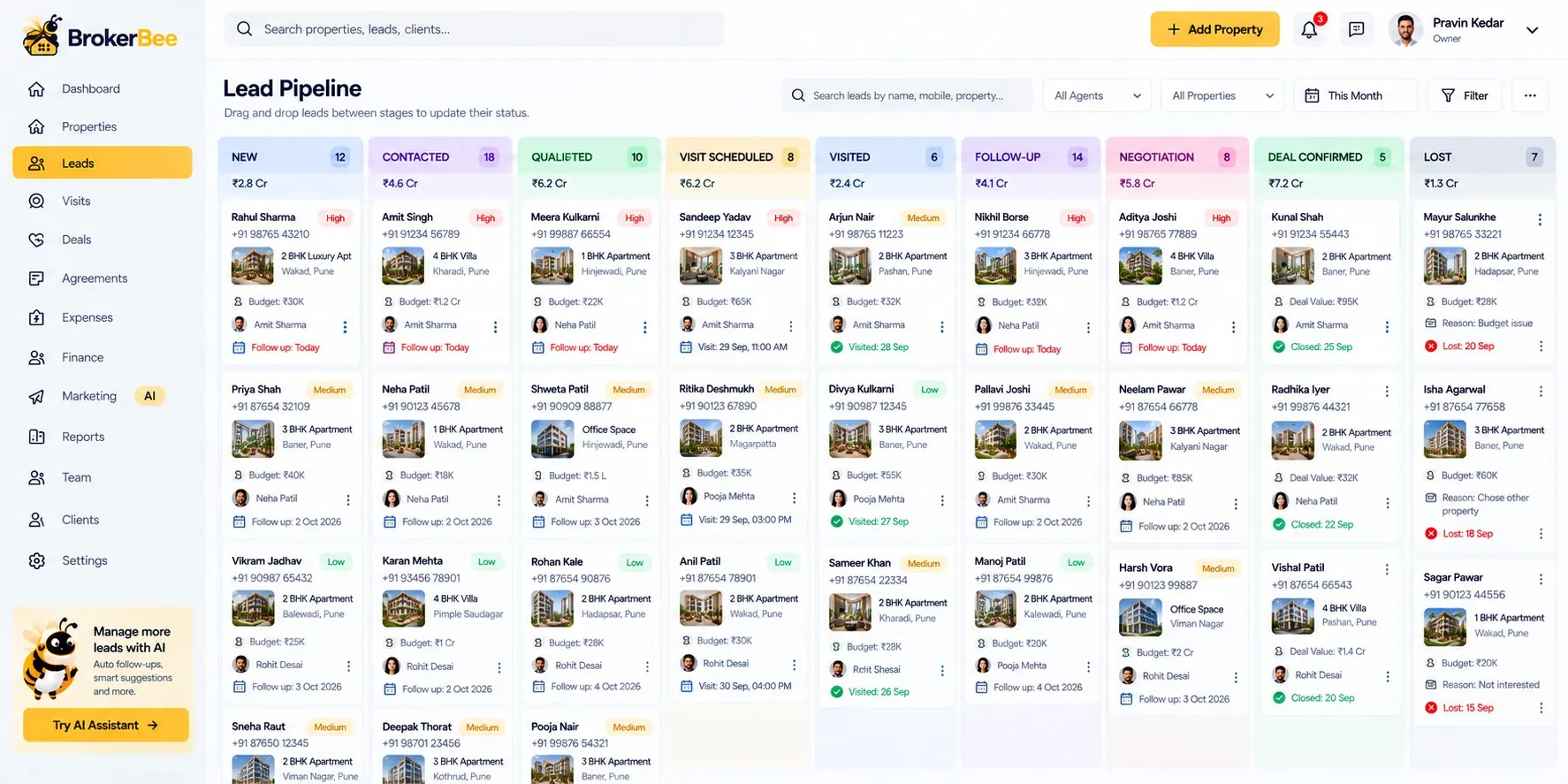 BrokerBee lead pipeline board with stages from new enquiry to deal confirmed