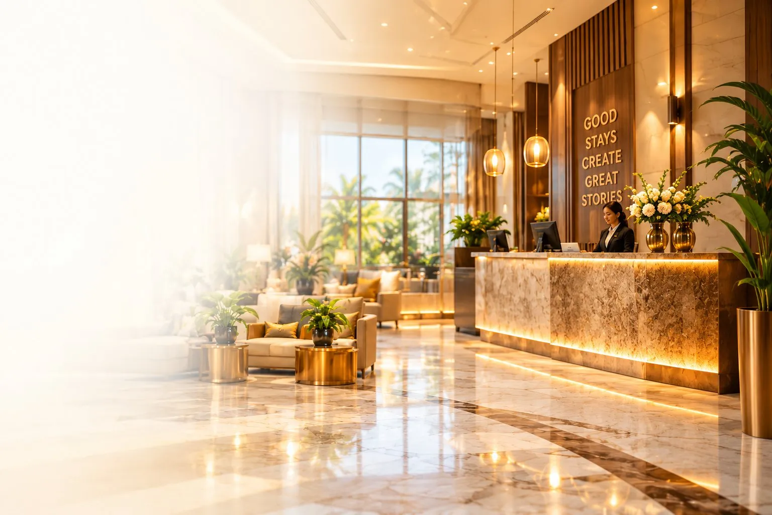 Warm hotel lobby reception