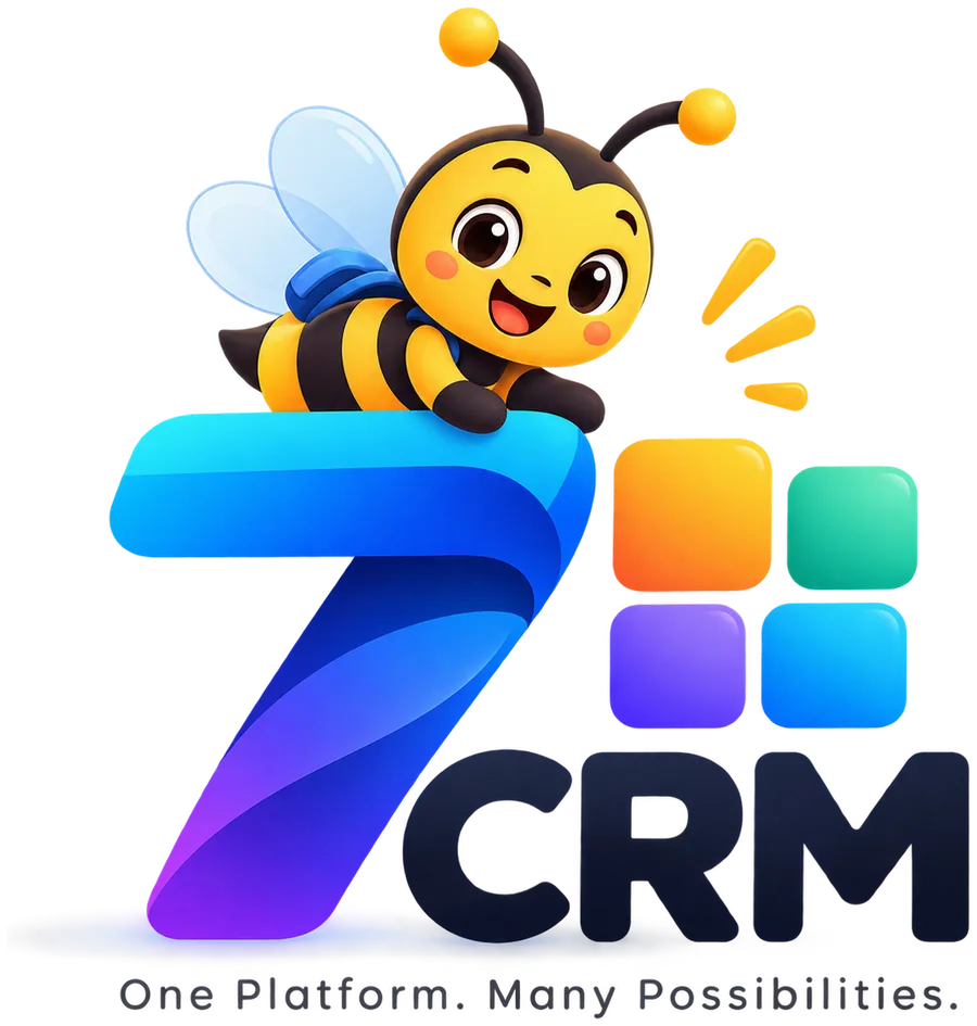 7CRM bee mascot logo — One Platform. Many Possibilities.