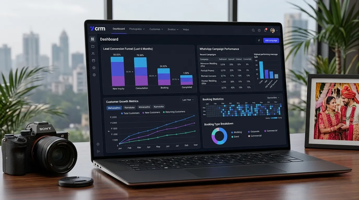 Photography CRM analytics dashboard showing bookings and growth metrics