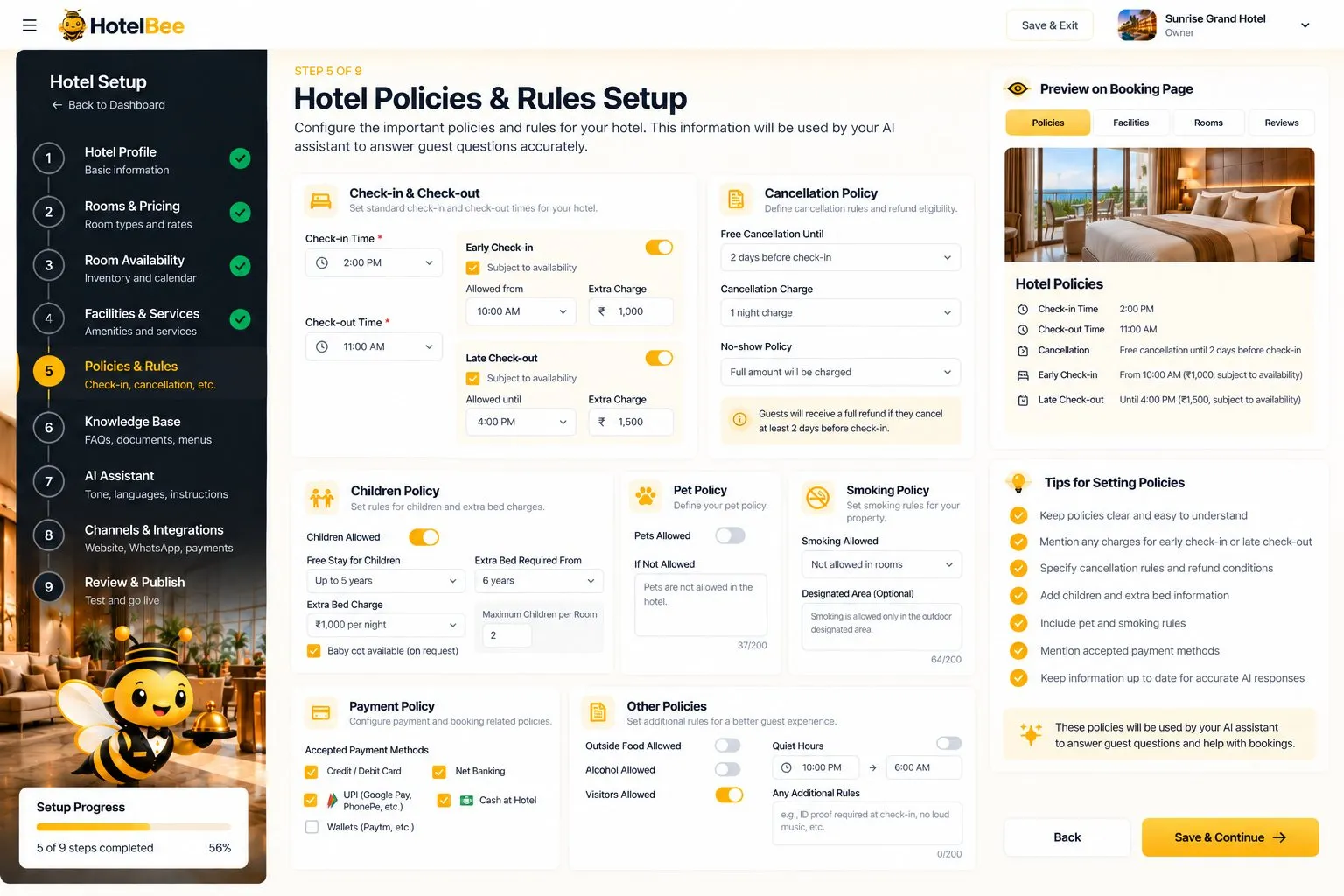 HotelBee policies setup: check-in, check-out, cancellation and ID rules