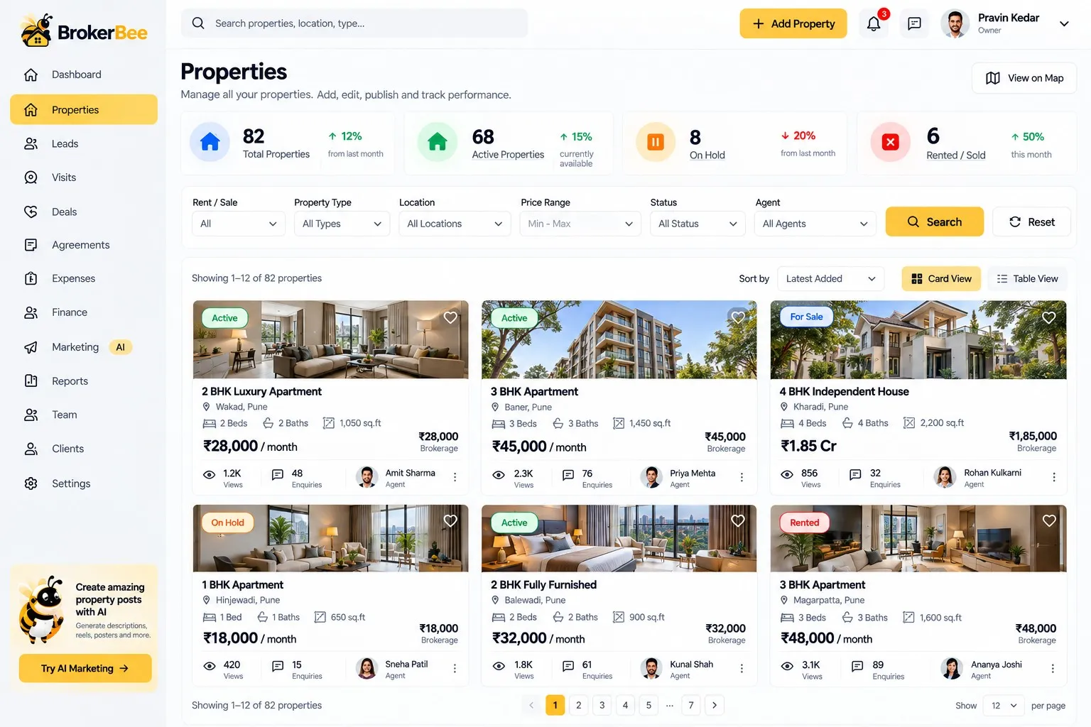 BrokerBee property management dashboard with listings and statuses