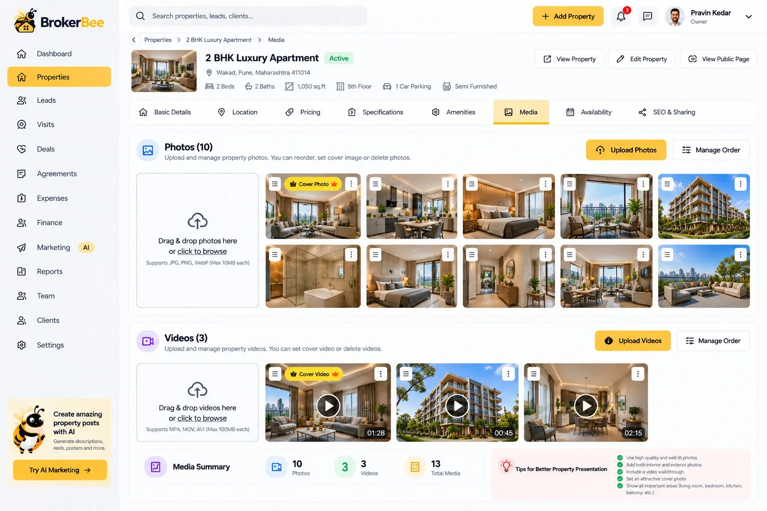 BrokerBee property media screen used for marketing content