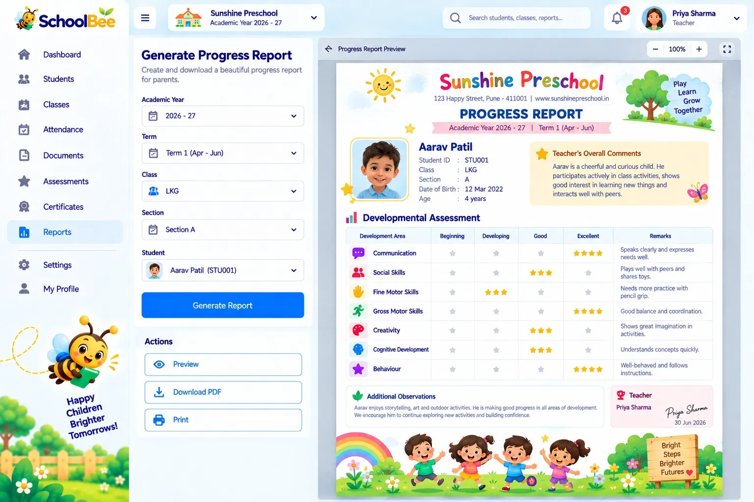 SchoolBee student report card generated from assessment results