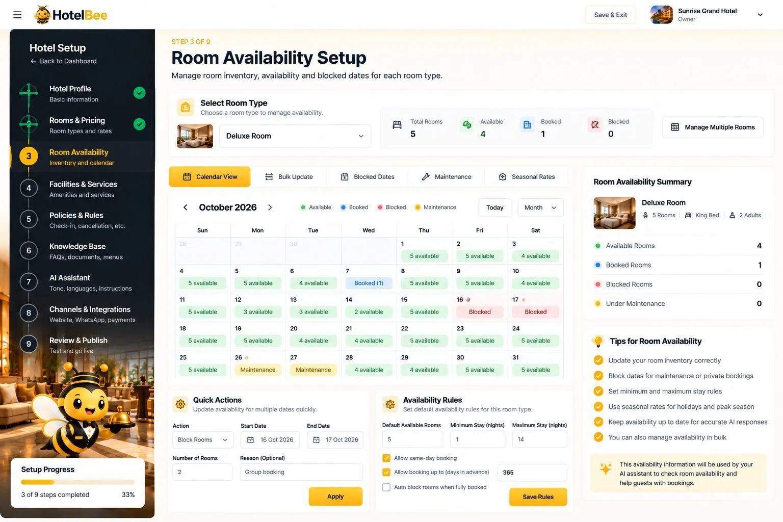 HotelBee room availability calendar