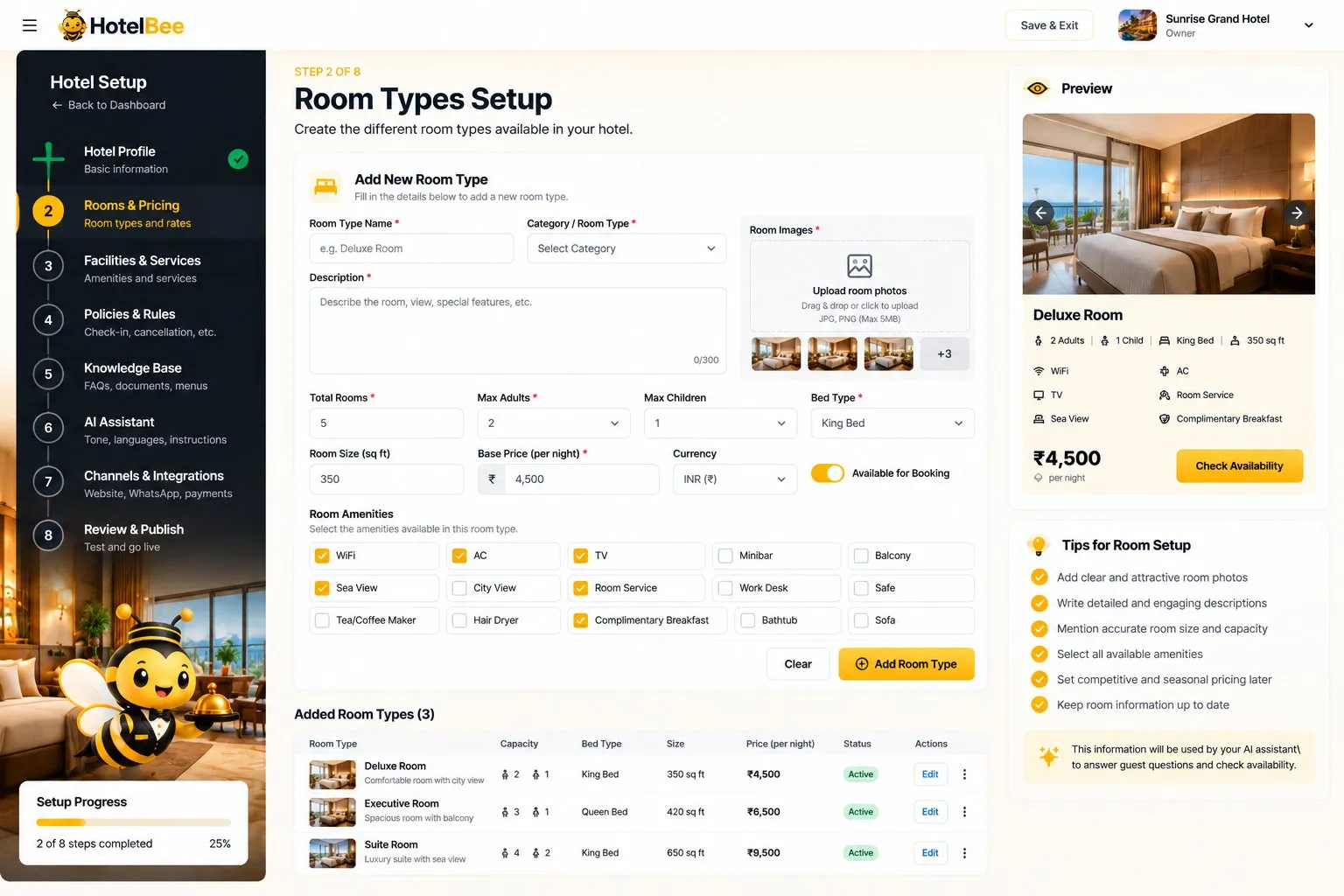 HotelBee room types setup