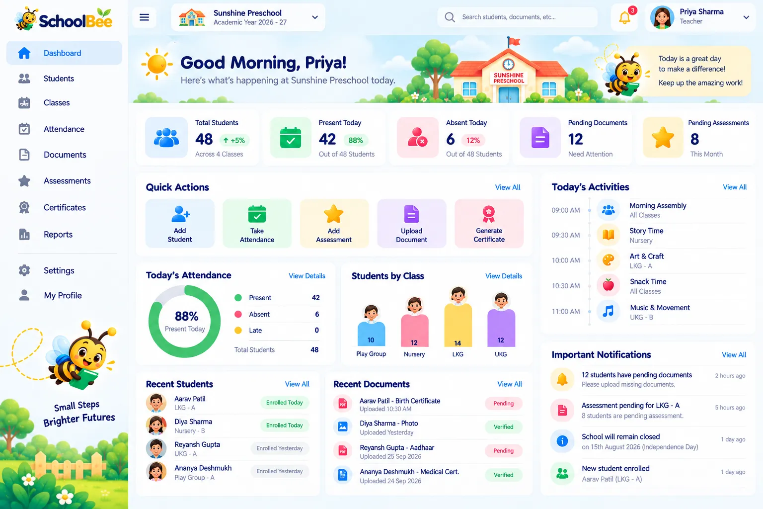 SchoolBee dashboard showing attendance, students by class and today’s activities
