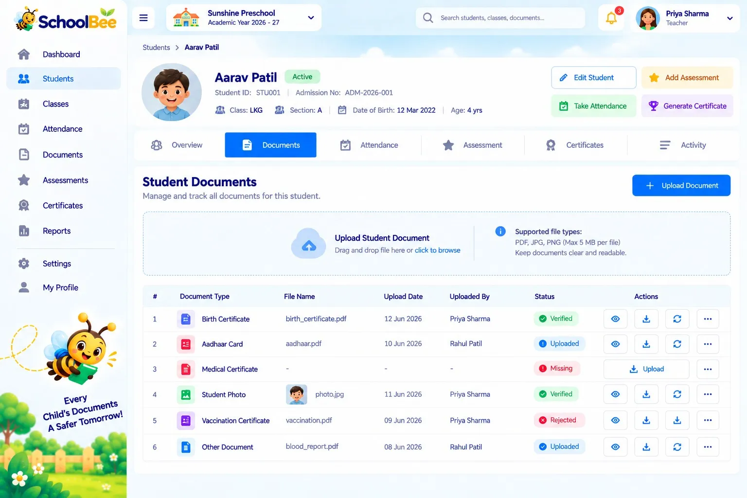 SchoolBee student documents with status for each required document