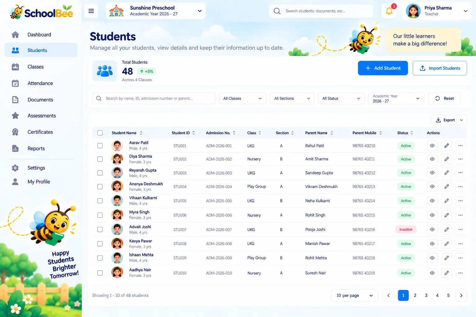 SchoolBee student list with class, section and status filters
