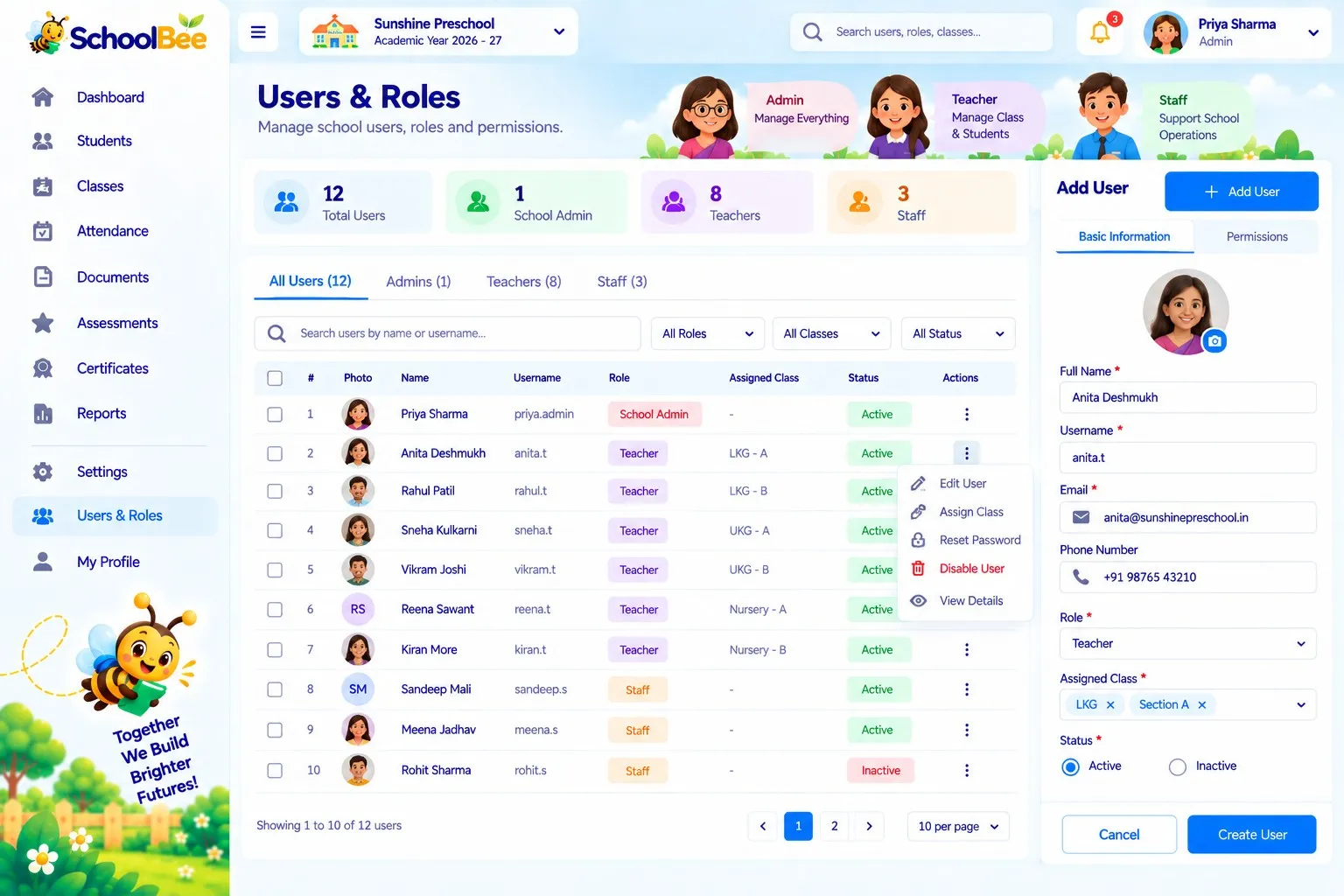 SchoolBee users and roles screen with staff permissions