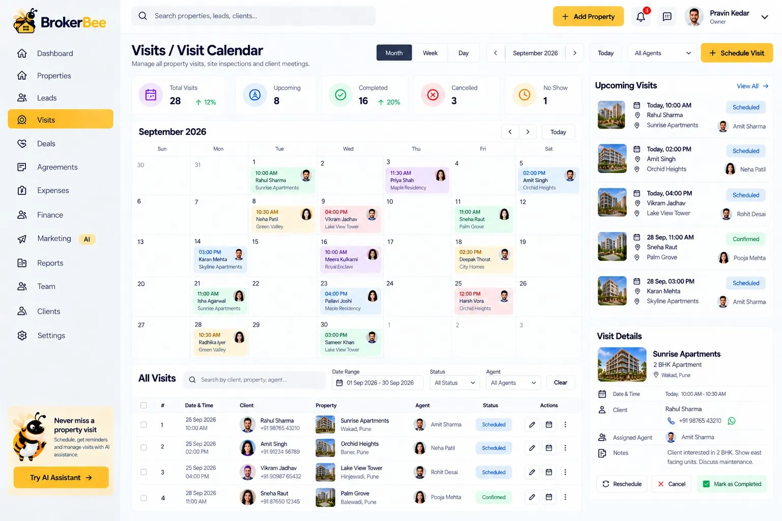 BrokerBee visit calendar with scheduled property visits and agents