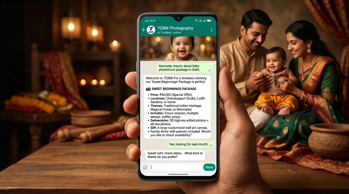 7CRM AI chatbot replying to Indian photography customers on WhatsApp